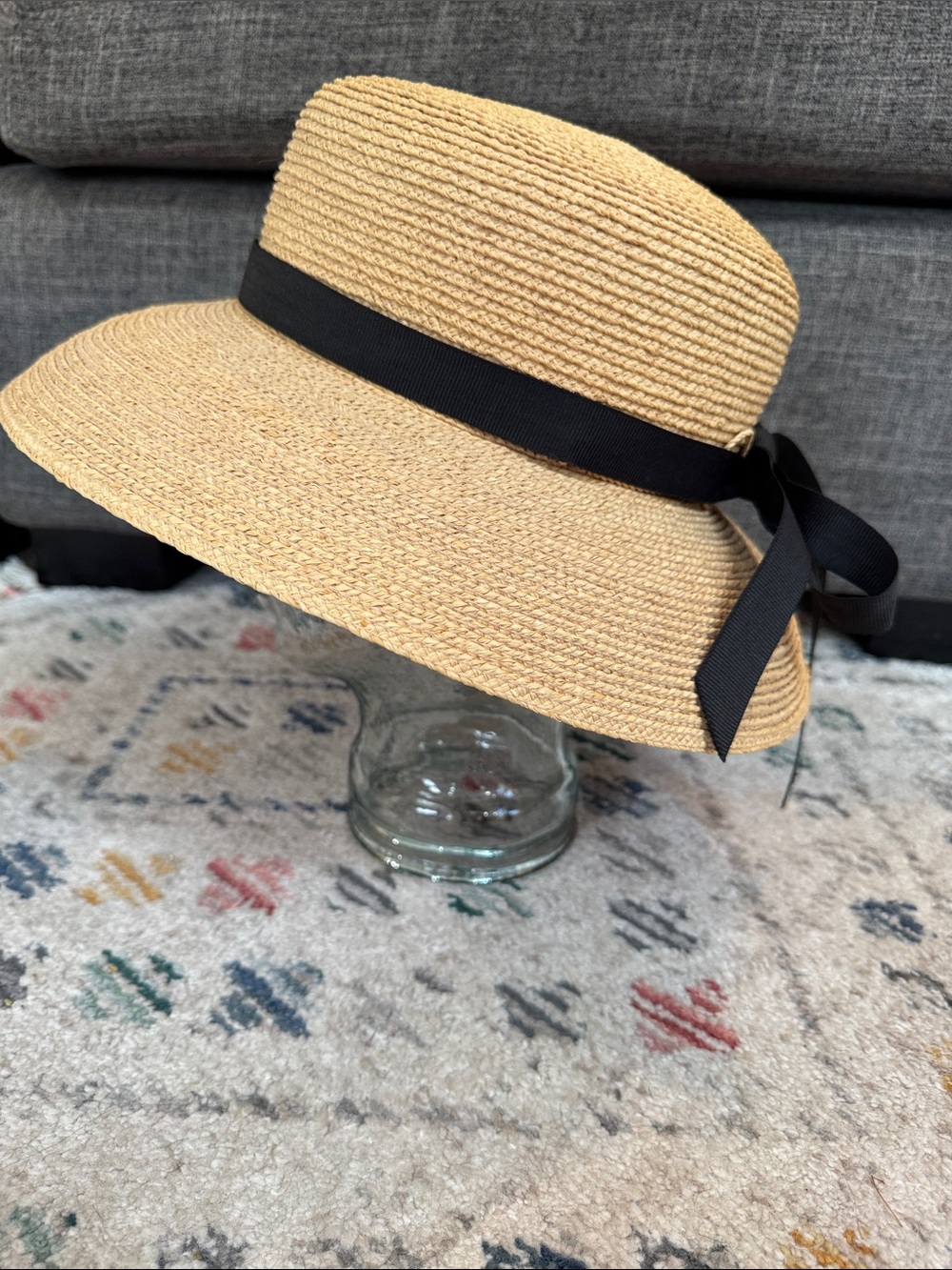 Helen Kaminski 100% Raffia Wide Brim Sun Hat Made in Australia Black Ribbon L